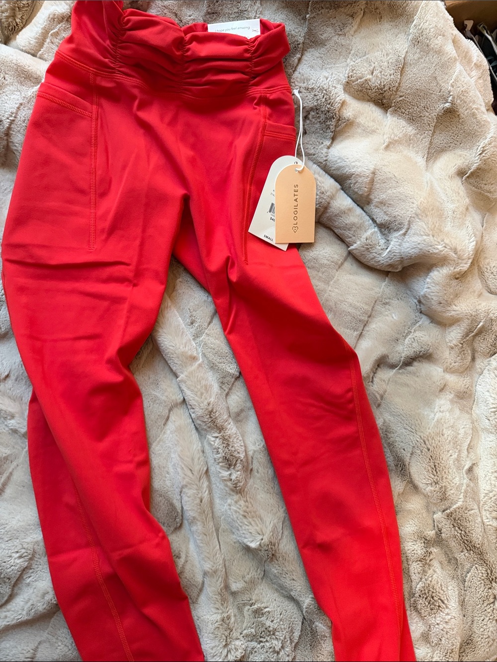 Blogilates Women’s Ruched High-Rise Red Leggings with Side Pockets